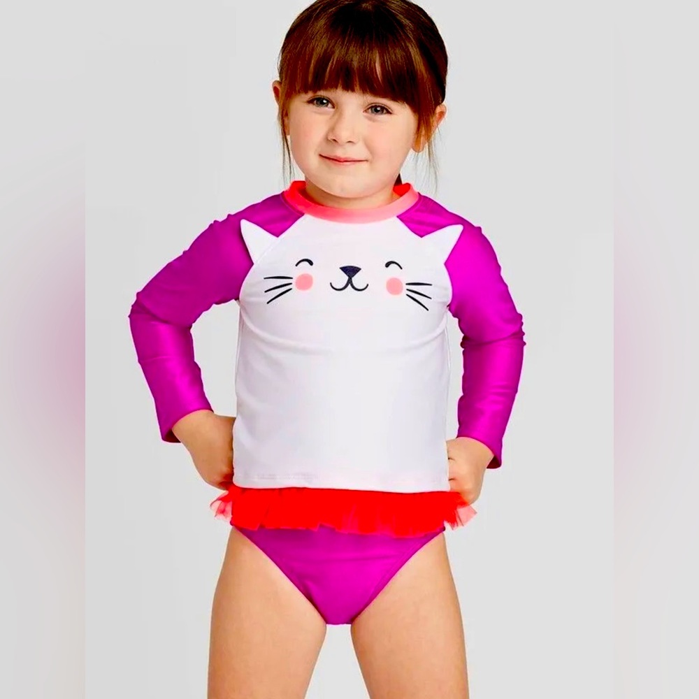 Toddler Girls" 2pc Cat Face Long
Sleeve Rash Guard Swimsuit
Purple 18M
